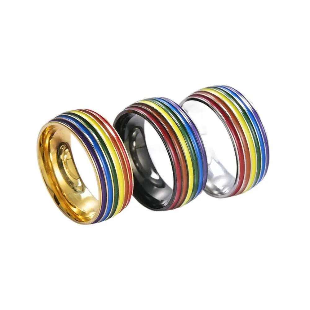 Stainless Steel Multicolour Rainbow Rings Rainbow Stripe Wide Flat Unisex Couple Rings Thick Comfort fit Finger Knuckle Bands