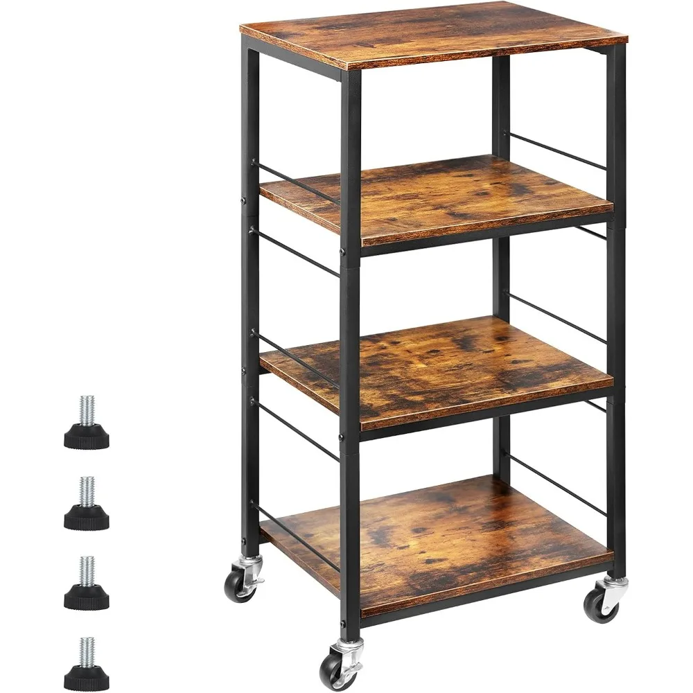 

Rolling Kitchen Cart Industrial Serving Cart 4 Tier Wood Utility Island on Wheels Rolling Bar Cart with Storage