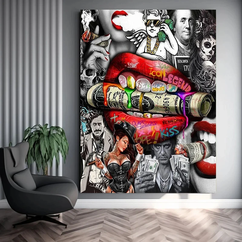 Berühmte Filmstar Pop Art Bild Rote Lippen Mund Geld Graffiti Leinwand Poster Drucke Street Fashion Wand Kunst Home Room Decor