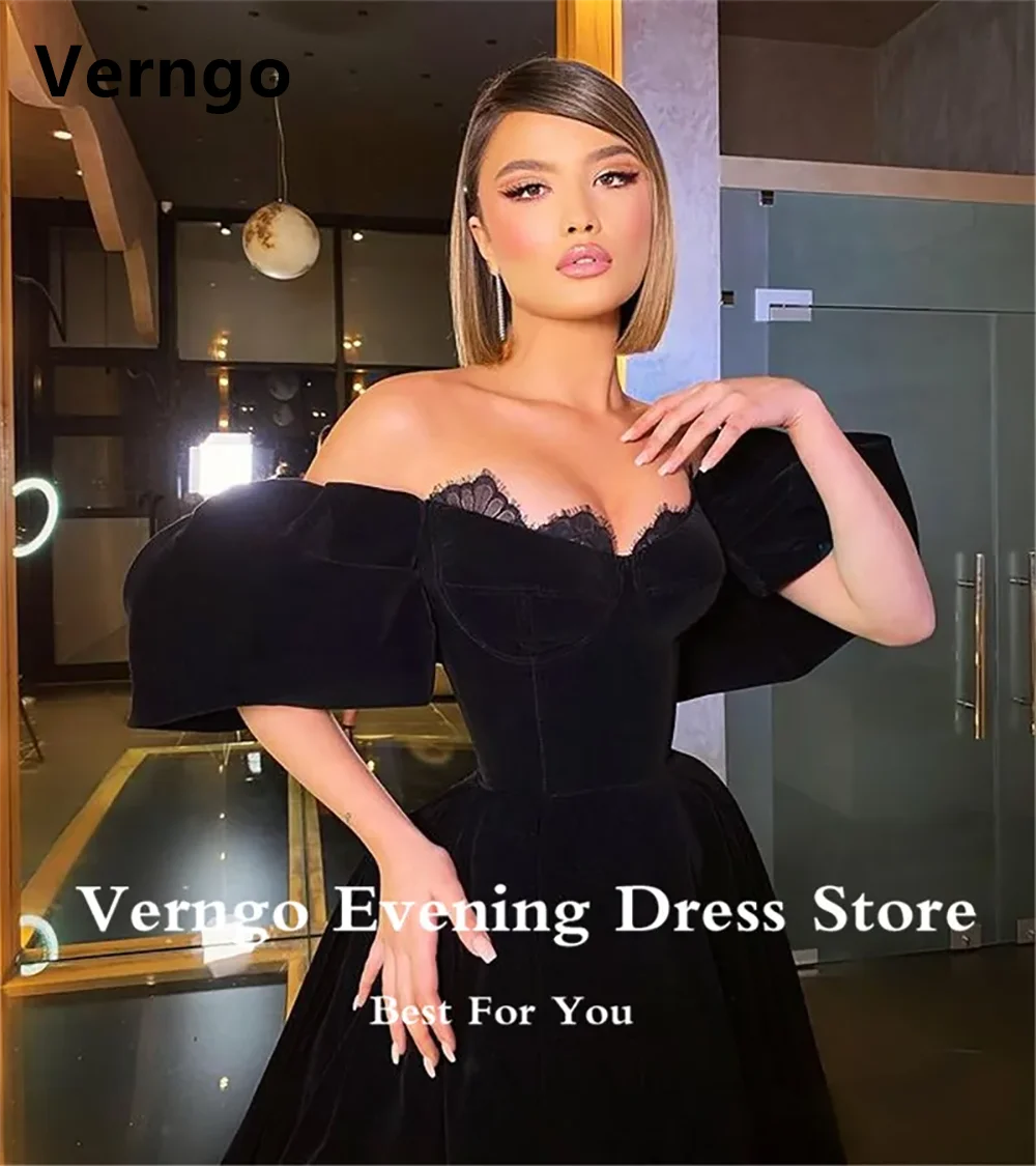 Verngo Black Velvet Prom Dresses Lace Off the Shoulder Evening Dress Ankle Length Women Party Prom Gowns