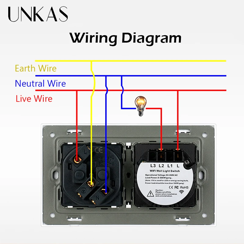 UNKAS EU Socket Single Fire Line Tuya Smart Wifi Light Switch DIY Free Combination Google Home Alexa Black Glass Panel Outlet