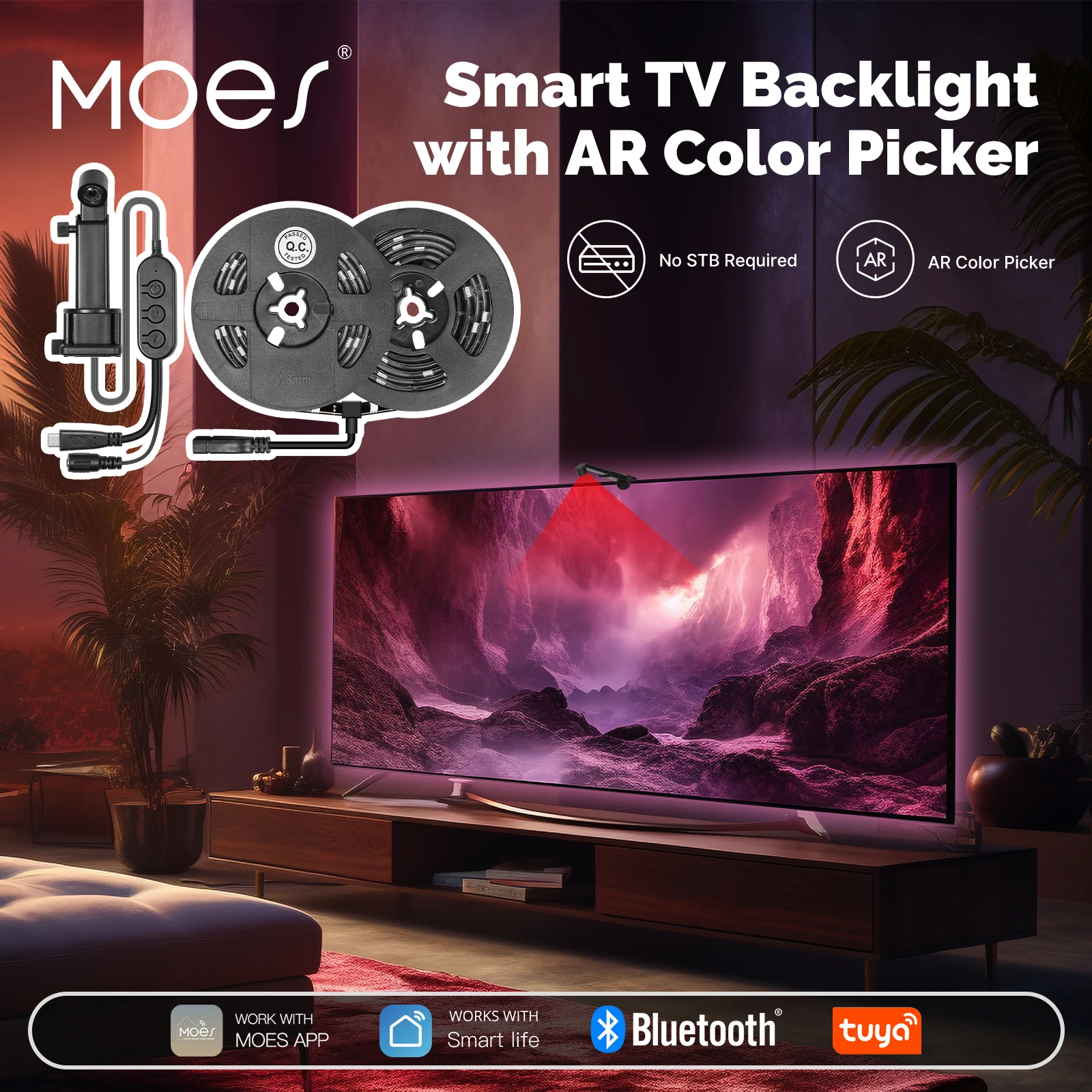 

MOES Tuya Bluetooth TV LED Backlight Strip With AR Color Picker Camera No Set Top Box Required Music Sync IP64 Waterproof