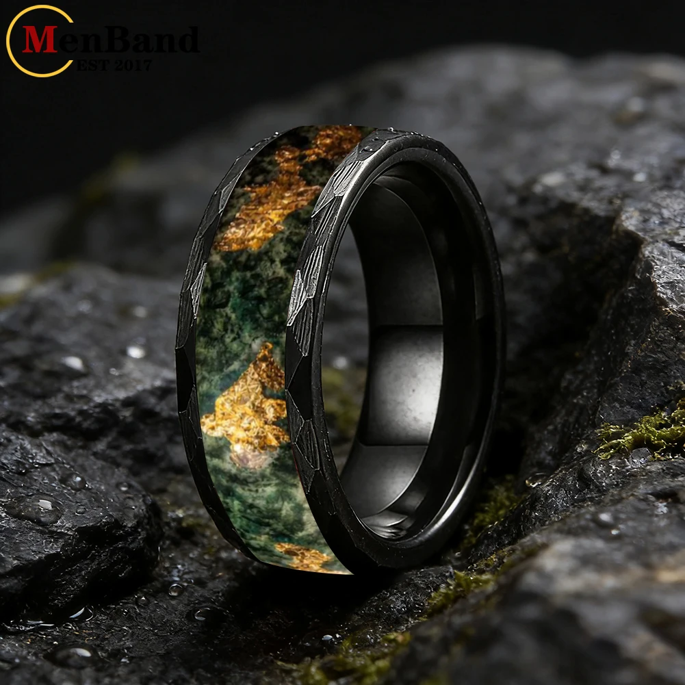 Anillo de hombre MenBand de 8 mm de carburo de tungsteno negro martillado con incrustaciones de ágata musgosa y lámina de oro, anillo de compromiso y boda para hombre, regalos de joyería