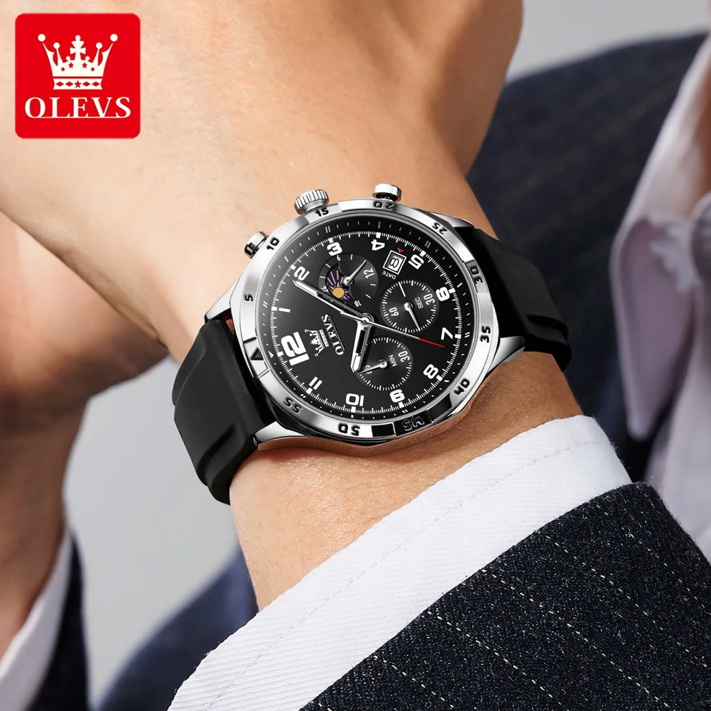 OLEVS 2986 Multifunctional Dial 24-Hour Moon Phase Calendar Display Silicone Strap Origianl Quartz Movement Night Light Function Men Watch