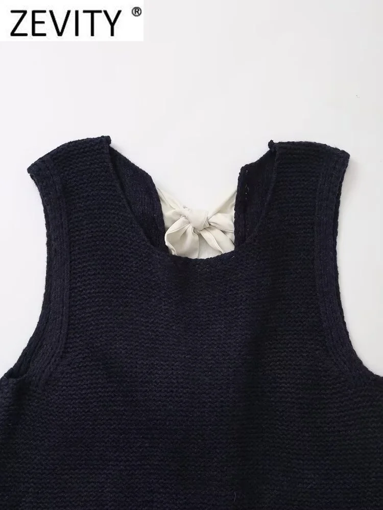 Zevity New Women Fashion Sleeveless Back Bow Tied Design Short Knitting Vest Sweater Female Chic Waistcoat Pullovers Tops CT6257