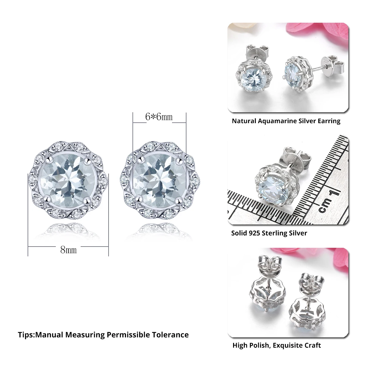 Natural Aquamarine Solid Sterling Silver Earrings 1.5 Carats Light Blue Genuine Gemstone Women Daily S925 Fine Jewelrys
