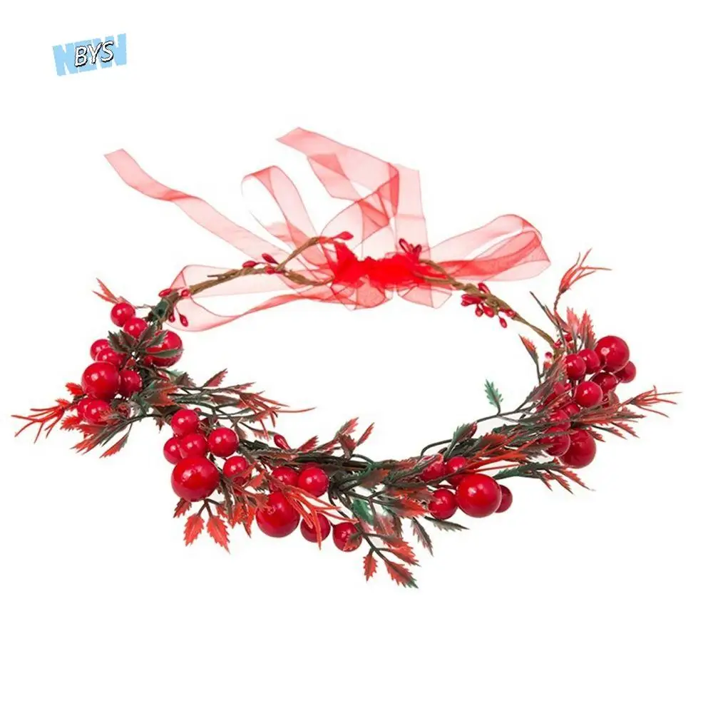 Rose Flower Cloth Wedding Party Hairband For Girls Crown Flower Headband Wreath Decoration Women Headwear Red Berry Garland