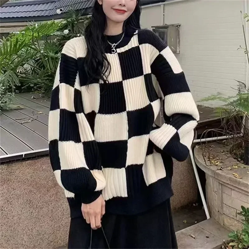 Spring Autumn Women Checkerboard Knitted Sweater Autumn Korean Casual Warm Loose Long Sleeve Top Female Streetwear Y2k Clothes
