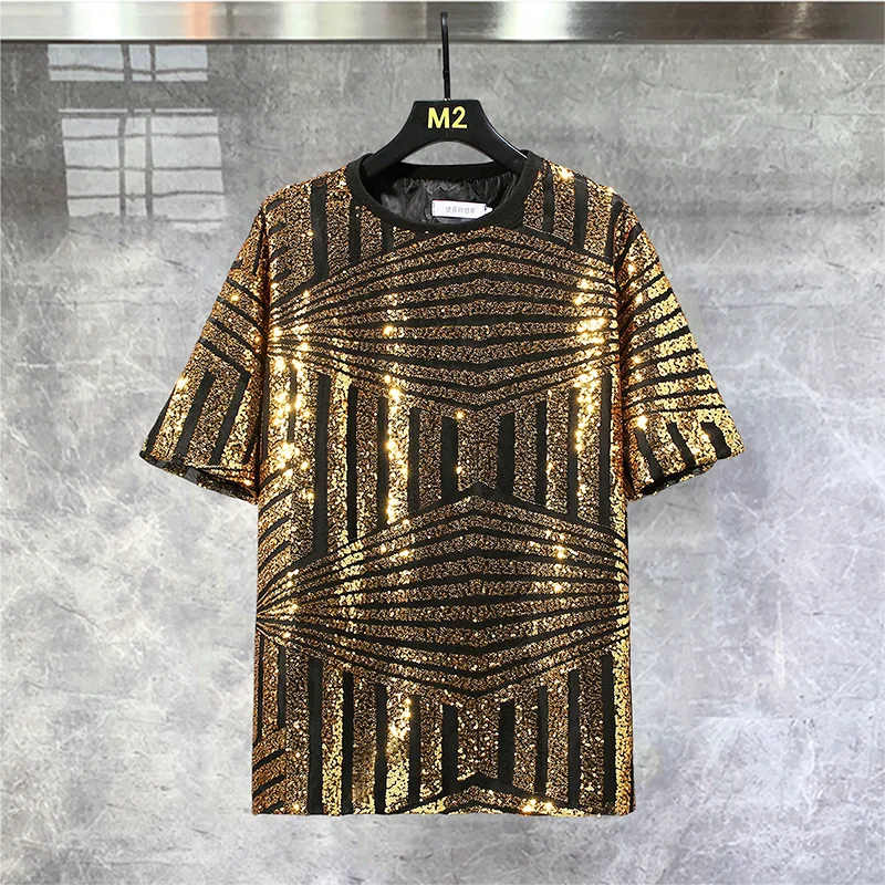 High Quality Sequins Punk Club Outfit Nightclub Tees Summer O Neck Contrast Geometric Luxury Sequins T Shirts Men Gold Silver