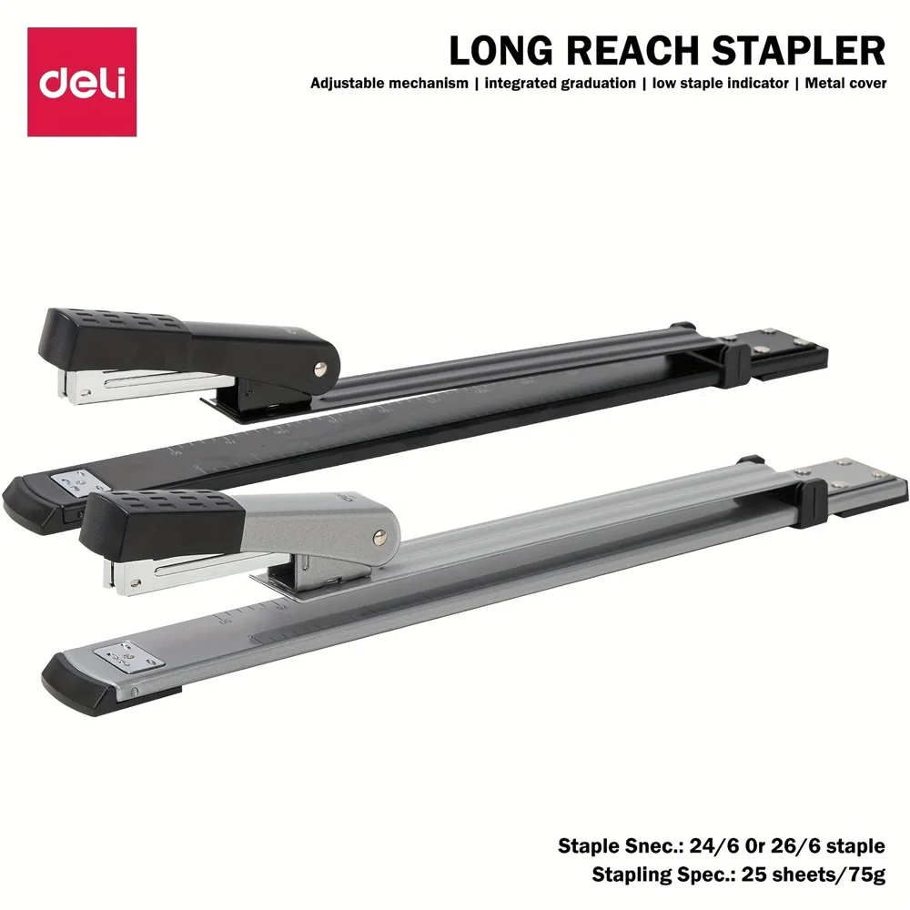 Heavy-Duty Long Arm Book Stapler - 25-Sheet Capacity, 12-Inch Depth, Precision Scale, Metal Body, Durable for Office/Magazines