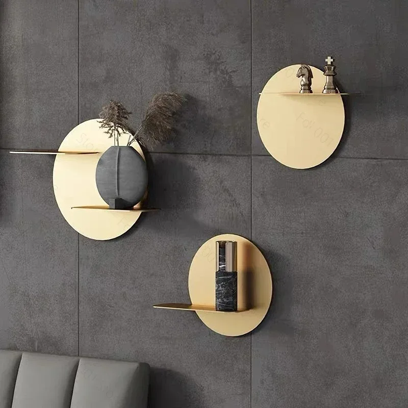 Backdrop Wall Metal Shelving Golden Round Wall Storage Shelf Hang Hook Ornaments Mount Rack Decorative Shelves Storage Hooks