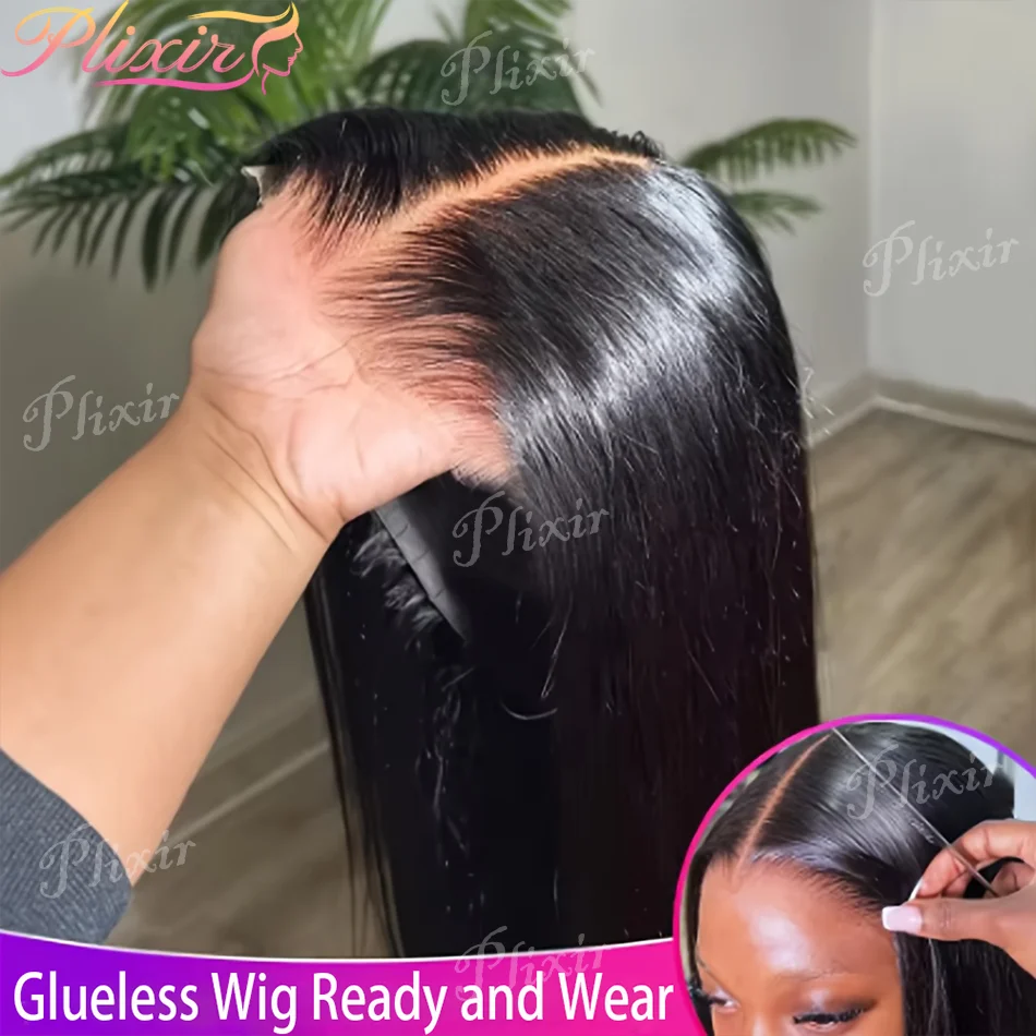 Perruques lisses 4x4 en cheveux humains, perruques sans colle 5x5 pré-épilées, perruque noire naturelle pré-coupée, perruque brésilienne 30-38 pouces avec closure