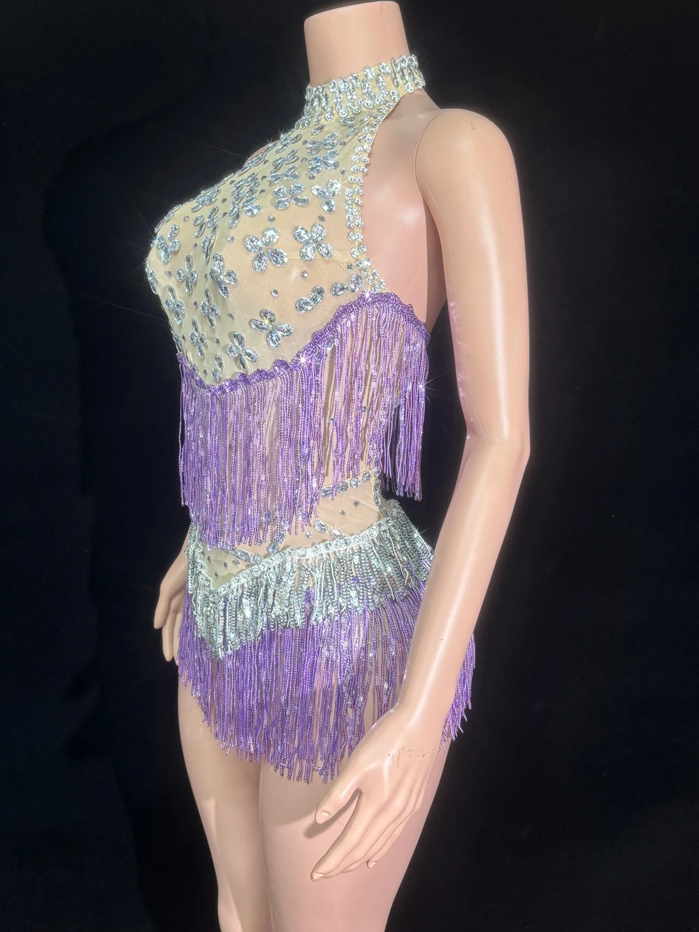 Sparkly Rhinestones Tassels Bodysuit for Women Sexy Mesh See Through Performance Dance Costume Singer Dancer Show Stage Wear view 2