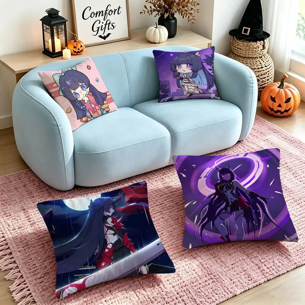 H-Honkai Series Raiden Mei Square Double-Sided printed Pillow Case Bedroom Bedside Pillow Sofa Cushion Cover