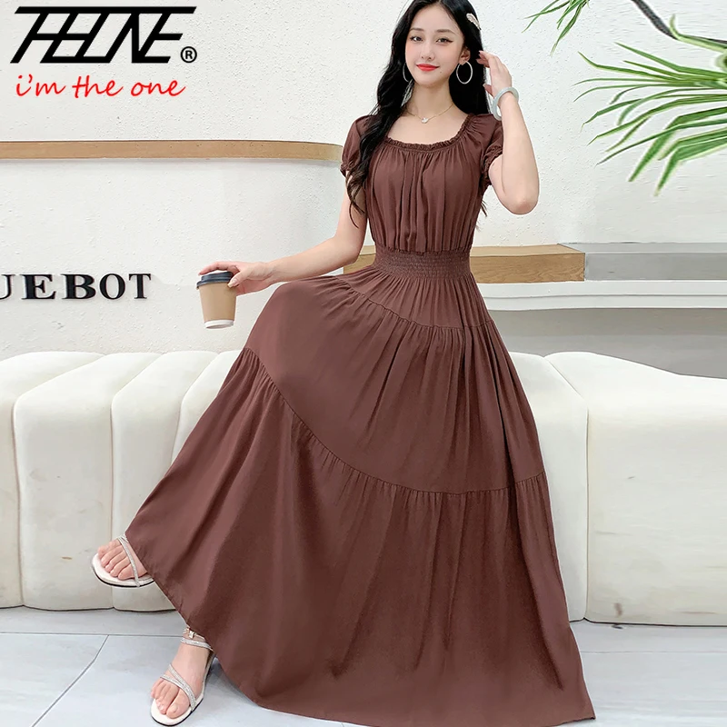 THHONE Vestido Feminino szata sukienka kobiety lato artystyczne wakacje Off The Shoulder plaża Boho w pasie Casual długie sukienki