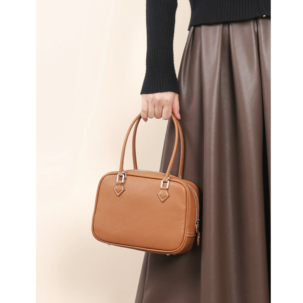 New Designer Simple Caramel Street Tote Epsom Cow Leather Women Handbag Long Handle Office Commuter Ladies Shoulder Bag