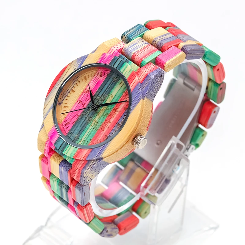 Colorful Bamboo Quartz Ladies Wooden Watch Bamboo Pattern Dial Design Colorful Wooden Strap Women\'s Wristwwatch Clock Gift D8196