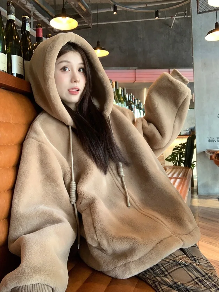 

Winter Thicken Furry Fur Coat Jacket Women Hooded Zip Up Warm Sweet Overcoat Oversize Outerwears 2023