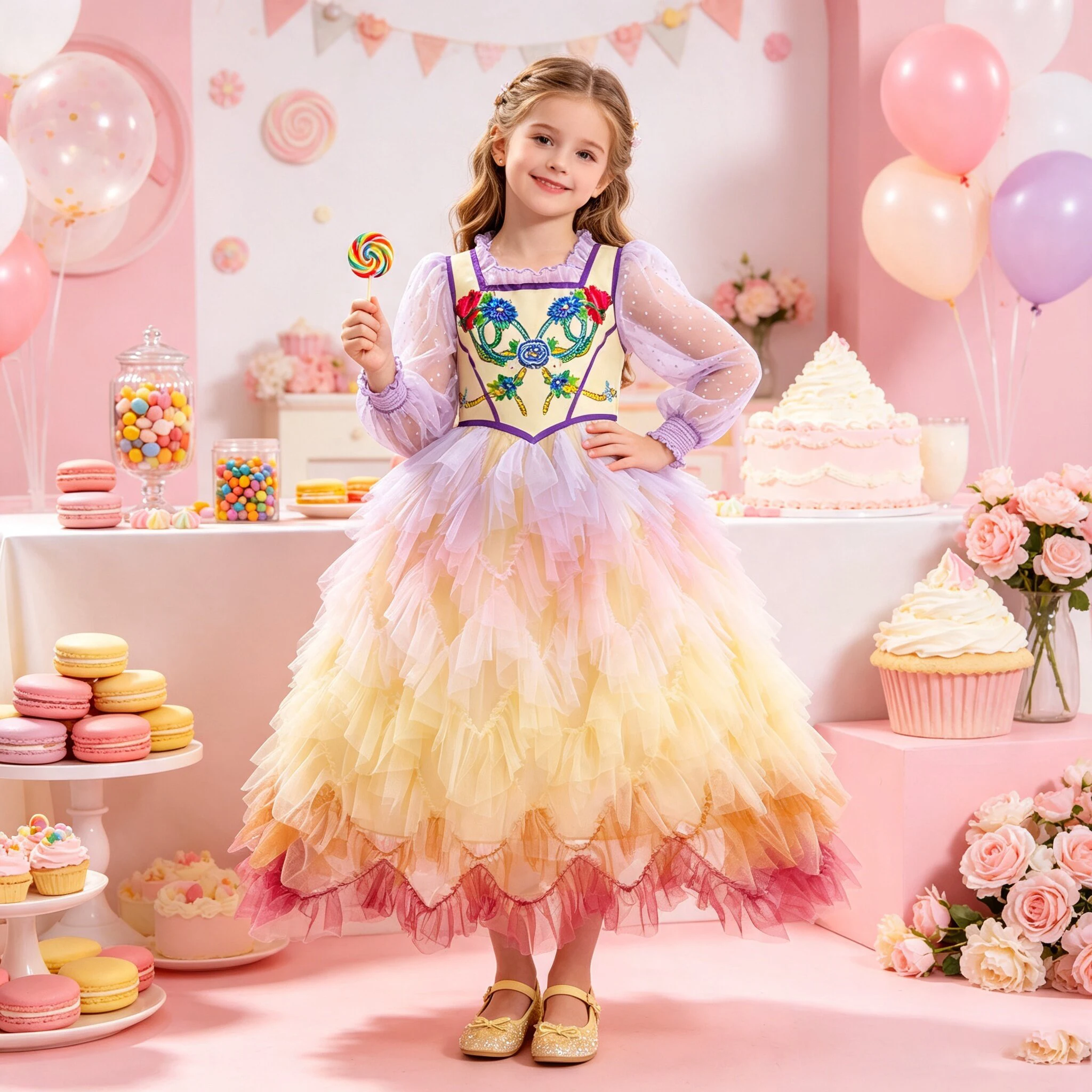 Movie Hunger Long Sleeve Lace Party Girls Dress Elegant Birthday Wedding Dresses Girl Layer Evening Child Flower Embroidery Gown