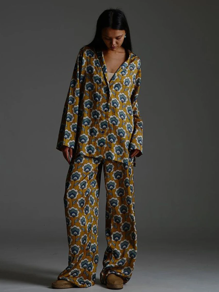 Fashion Ladies Nightwear Set Long Sleeve Nightgowns Sexy Turn-Down Collar Sleepwear Pants Causal Female Pajamas Suits