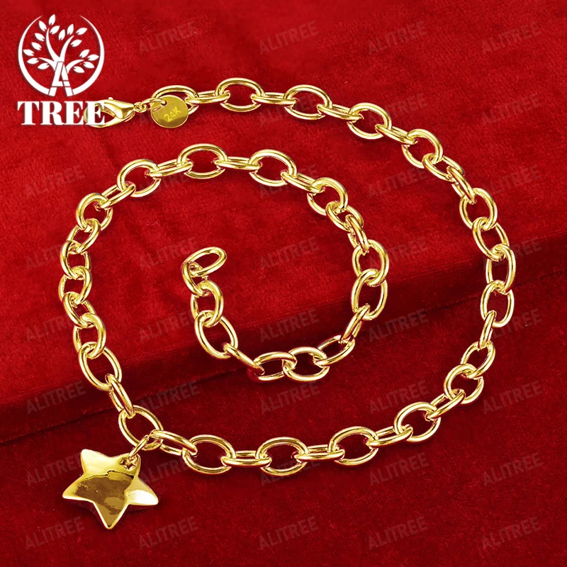 

18k Gold Star Pendant O-Shaped Necklace 18-Inch Chain For Men Women Engagement Wedding Party Beautiful Jewelry Gift Accessories