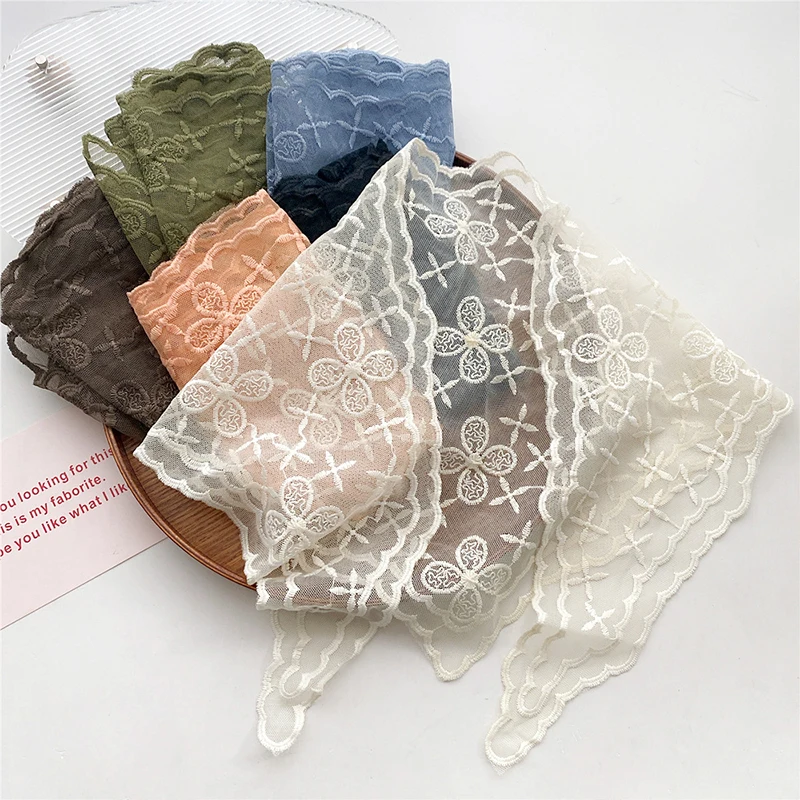 2024 New Floral Lace Head Scarf Crochet Neck Scarf Headband Triangle Transparent Hollow Lace Scarf Embroidered Shawl 86*53cm