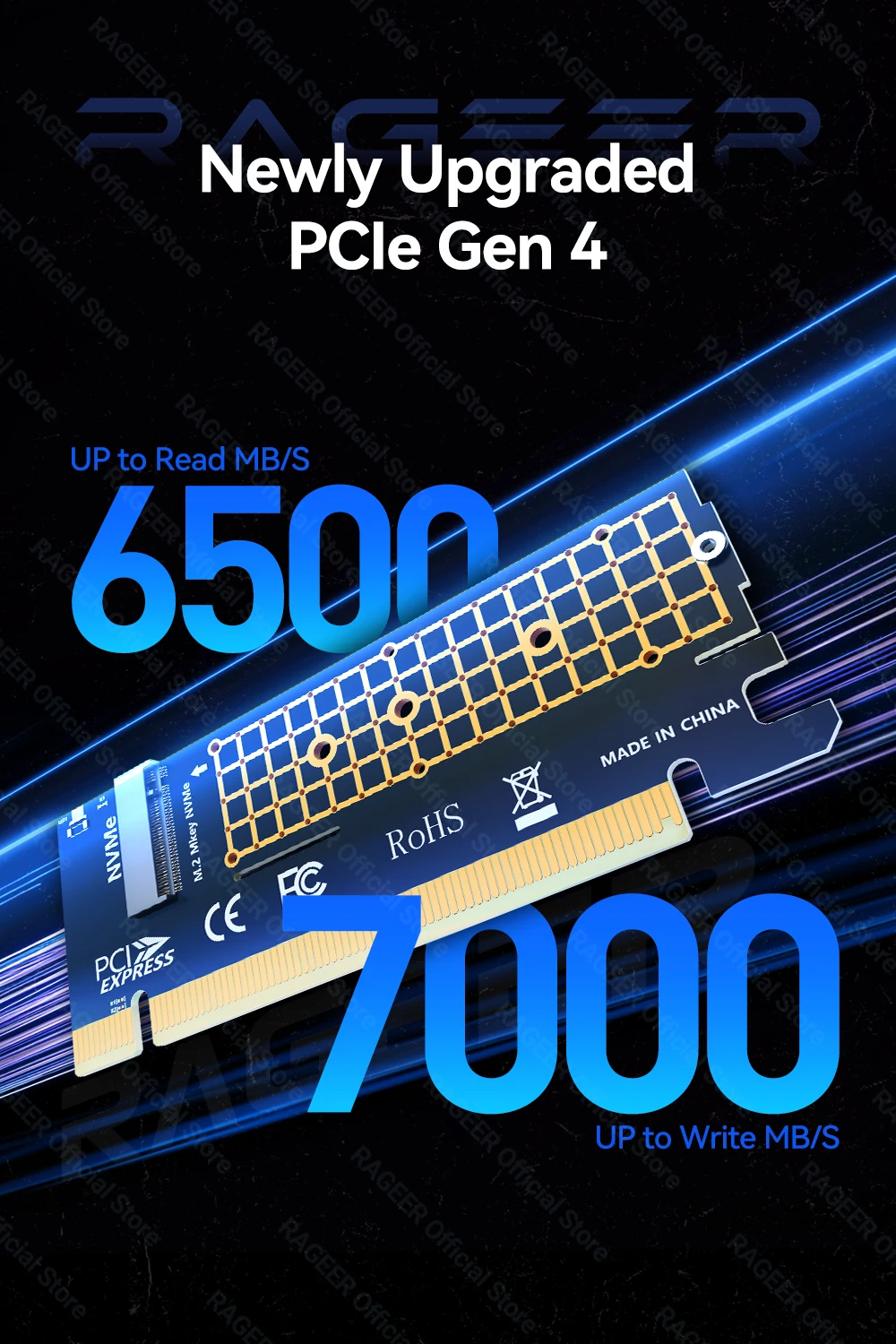 RAGEER M.2 NVMe zu PCIe 4.0 x16 Adapterkarte unterstützt 4 TB SSD und 64 Gbit/s Geschwindigkeit, kompatibel mit 2280/60/42/30 NVMe SSDs – Detail 3