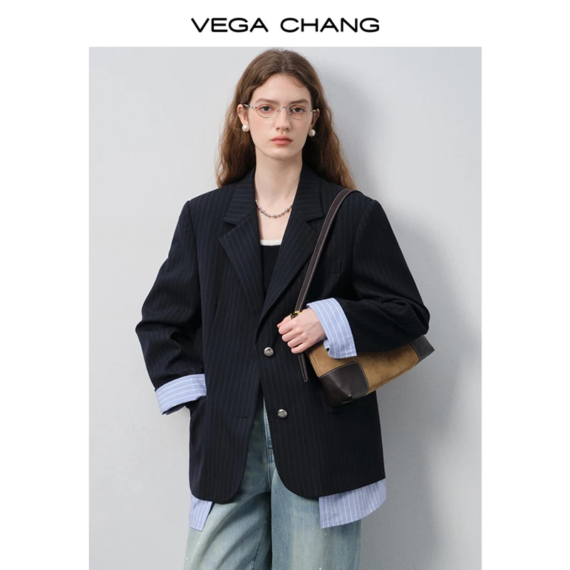 

Vega Chang Women's Blazer New Autumn and Winter Commuter Style Color-Block Striped Patchwork Layered Suit Jacket