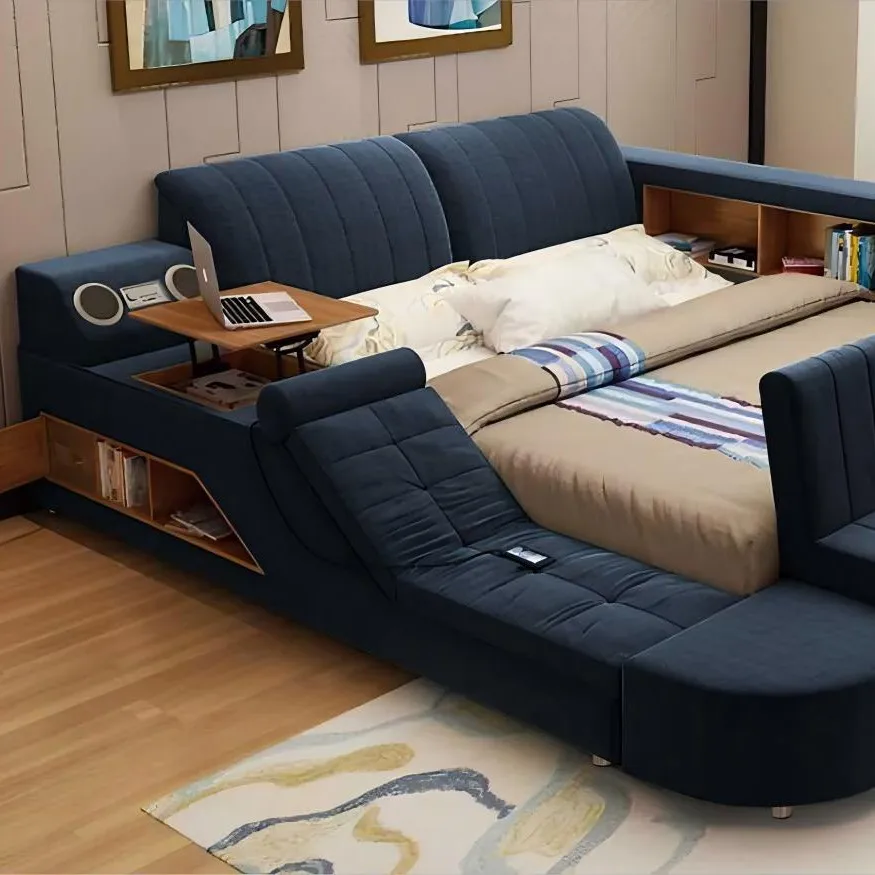 Master bedroom smart double bed, modern simple multi-functional storage Bluetooth speaker European leather art bed