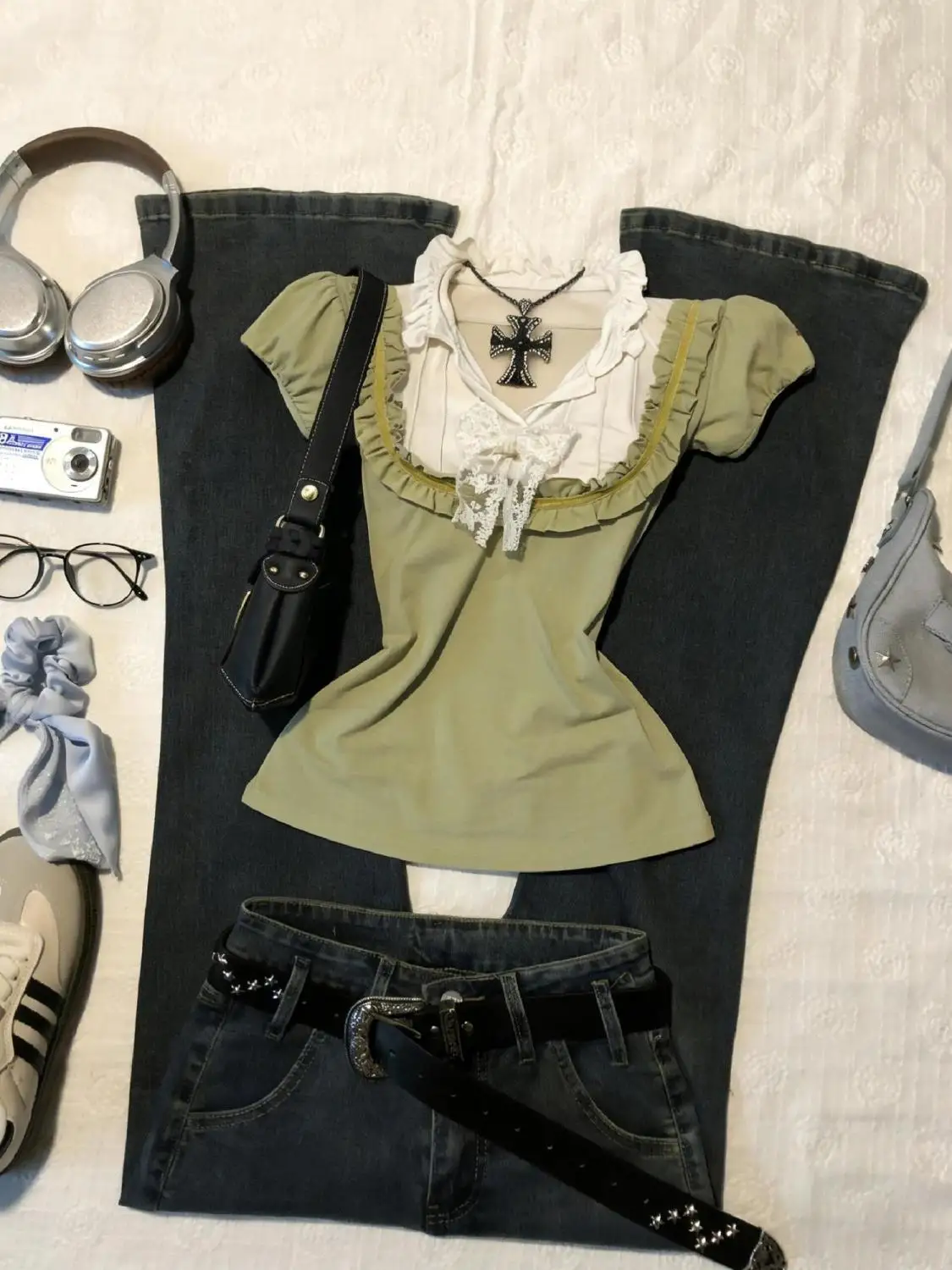 2000s Lace Trim Harajuku T Shirts Aesthetic Sweet Girl Summer Women Clothes Femme Trendy Green Kawaii Gentle Ruffle Y2k T Shirt