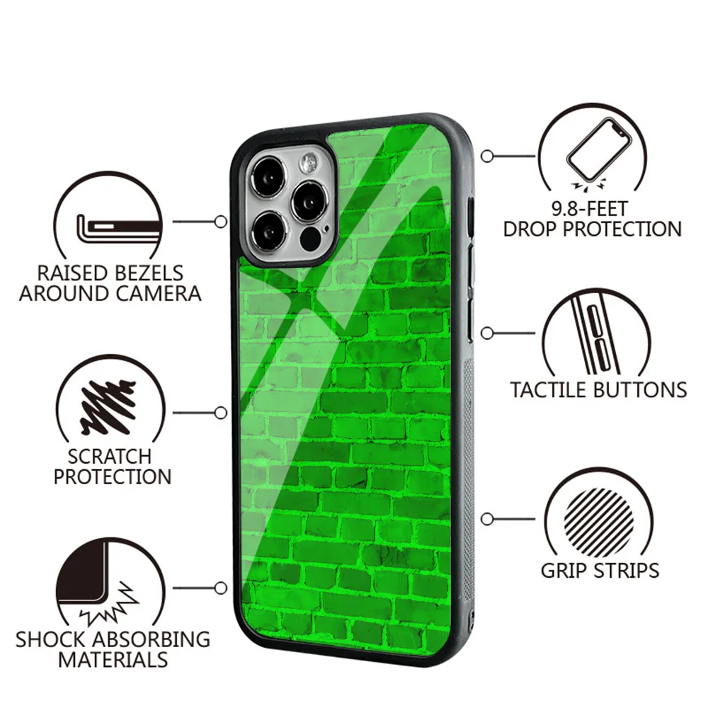 Bright Neon Green Brick Wall Phone Case For IPhone 16 16pro 16plus 16promax Pro Plus Max Mirror Acrylic PC TPU Cover