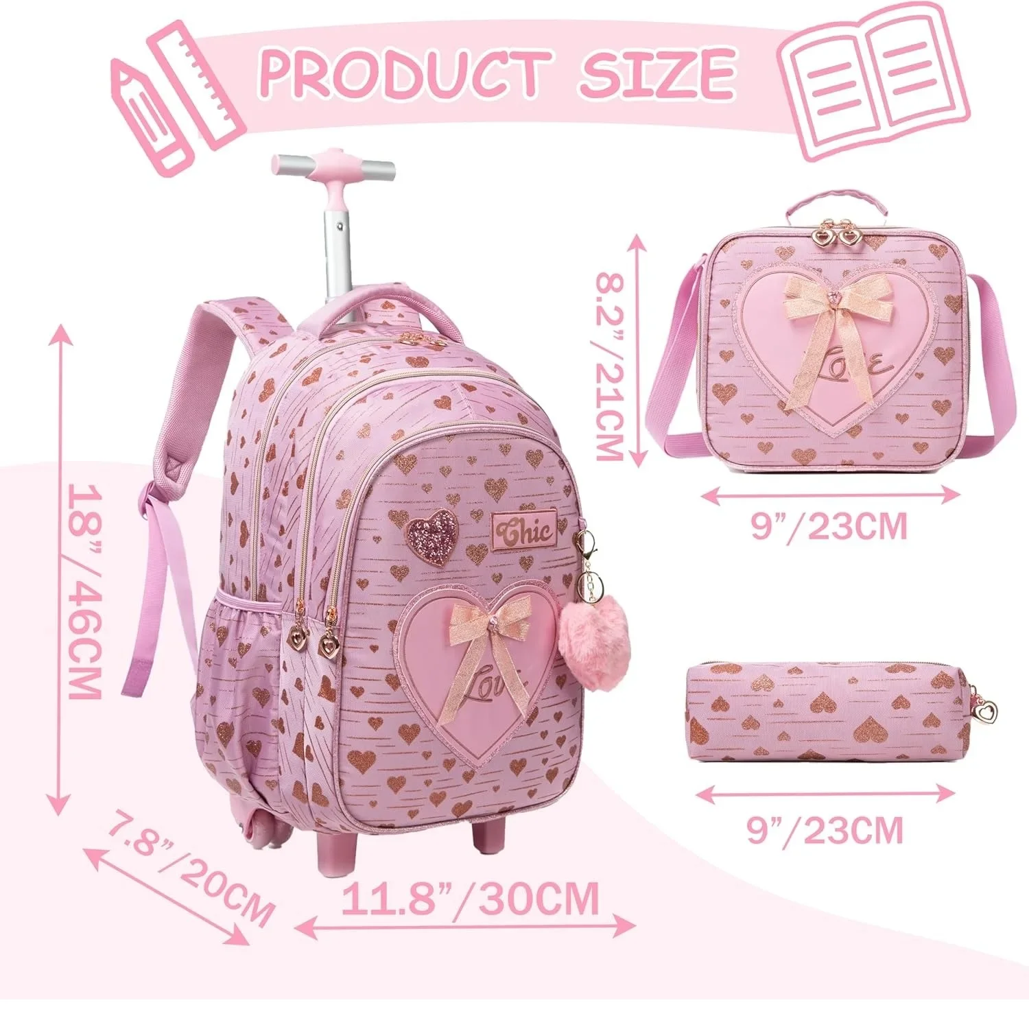 Kids Rolling Backpack for Girls Cute Bowknot Ribbon Backpacks with Wheels for Elementary Students School Trolley Bag on Wheels