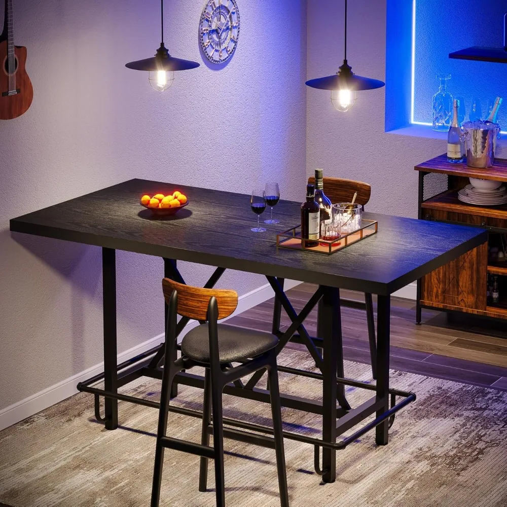 Bar Table, Industrial Counter Height Pub Table with Metal Footrest, 63-Inch Rectangle Wood Kitchen Dining Table with