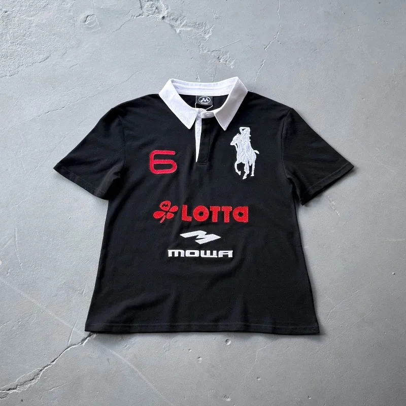 

Mowalola Embroidery Digit 6 Angel War Horse Label Polo Shirt T Shirt Men Women High Quality Silm Casual Lapel Short Sleeve Tops