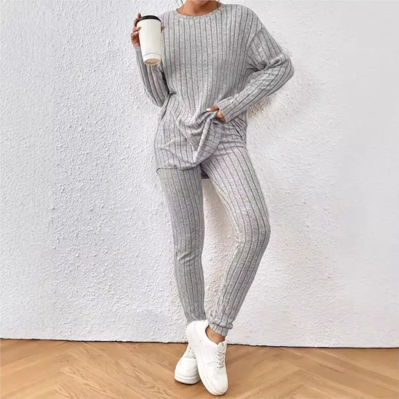 

Women Pant Sets New Fashion Loose Solid Knitted Long Sleeve Sweater +Elastic Waist Pencil Pants Striped Tracksuit 2 Piece Set
