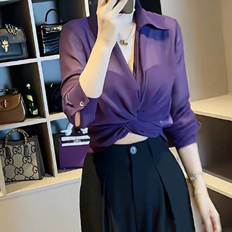 

2024 New Solid Color Net Yarn Long Sleeve Shirts Ladies Fashion Buttons Tops Summer Office Lady Blouses Loose Women's Clothing