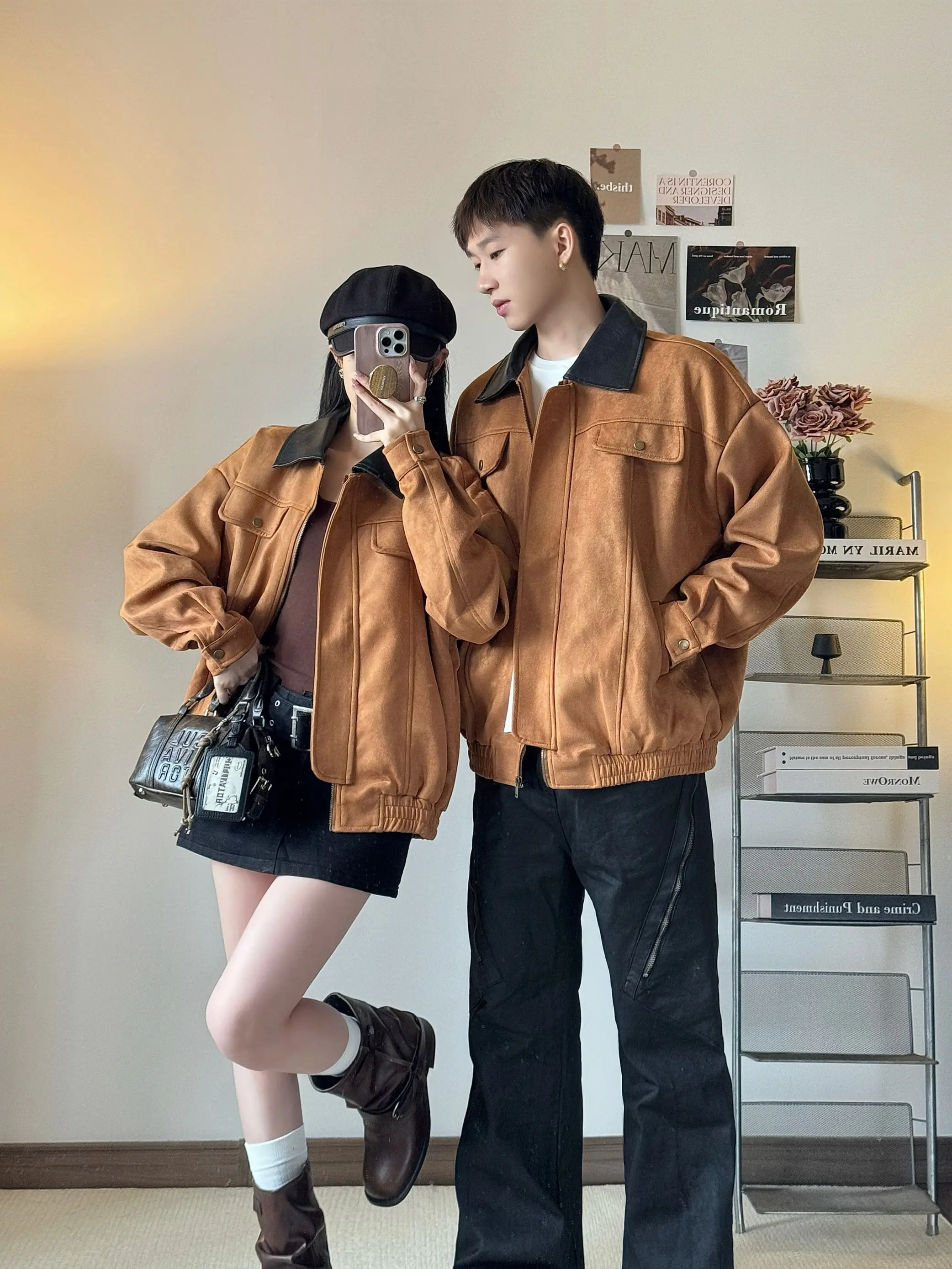 

Одинаковая замшевая бархатная рабочая одежда для пар, джет с кожаным воротником, женская версия, цветная зимняя верхняя одежда Blo Barn Sle