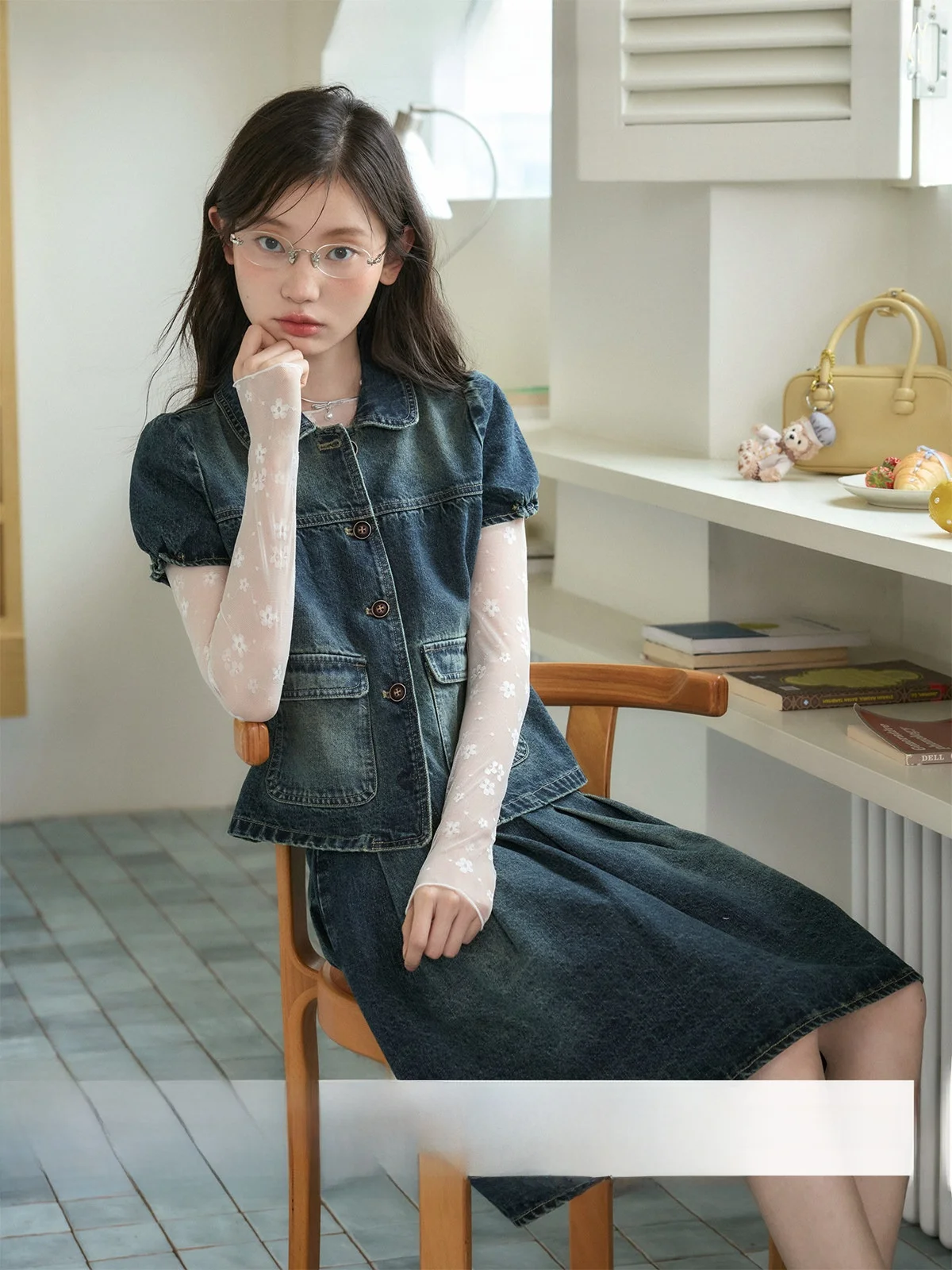 

Miss Squirrel American Blues Vintage Washed Denim Short Sleeve Half Skirt Two Piece Set Women's A-Line Skirt Cotton Blend