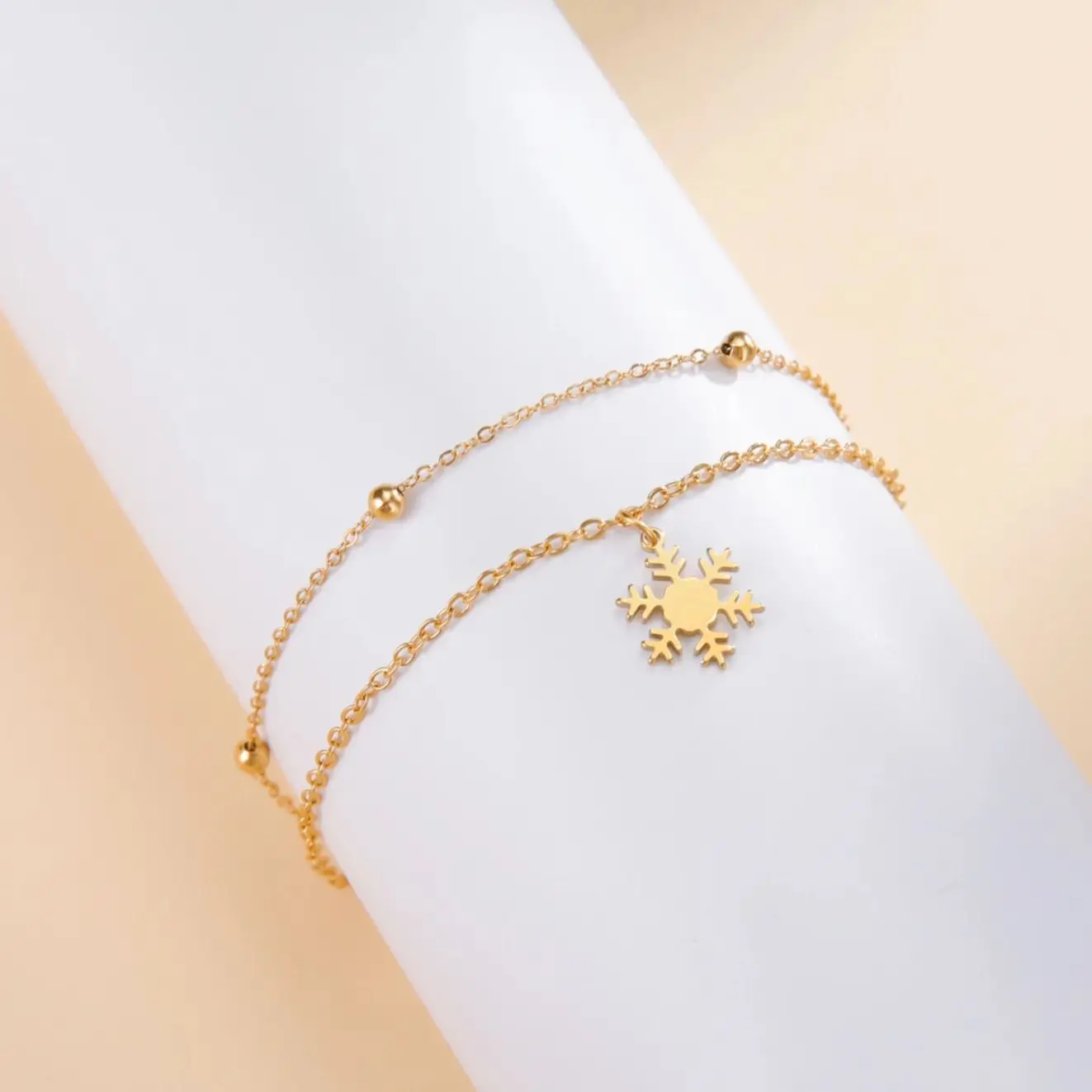 1PC Valentine's Day Snowflake Pendant Bracelets For Women Fashion Stainless Steel Double Layer Bead Chain Jewelry Gift