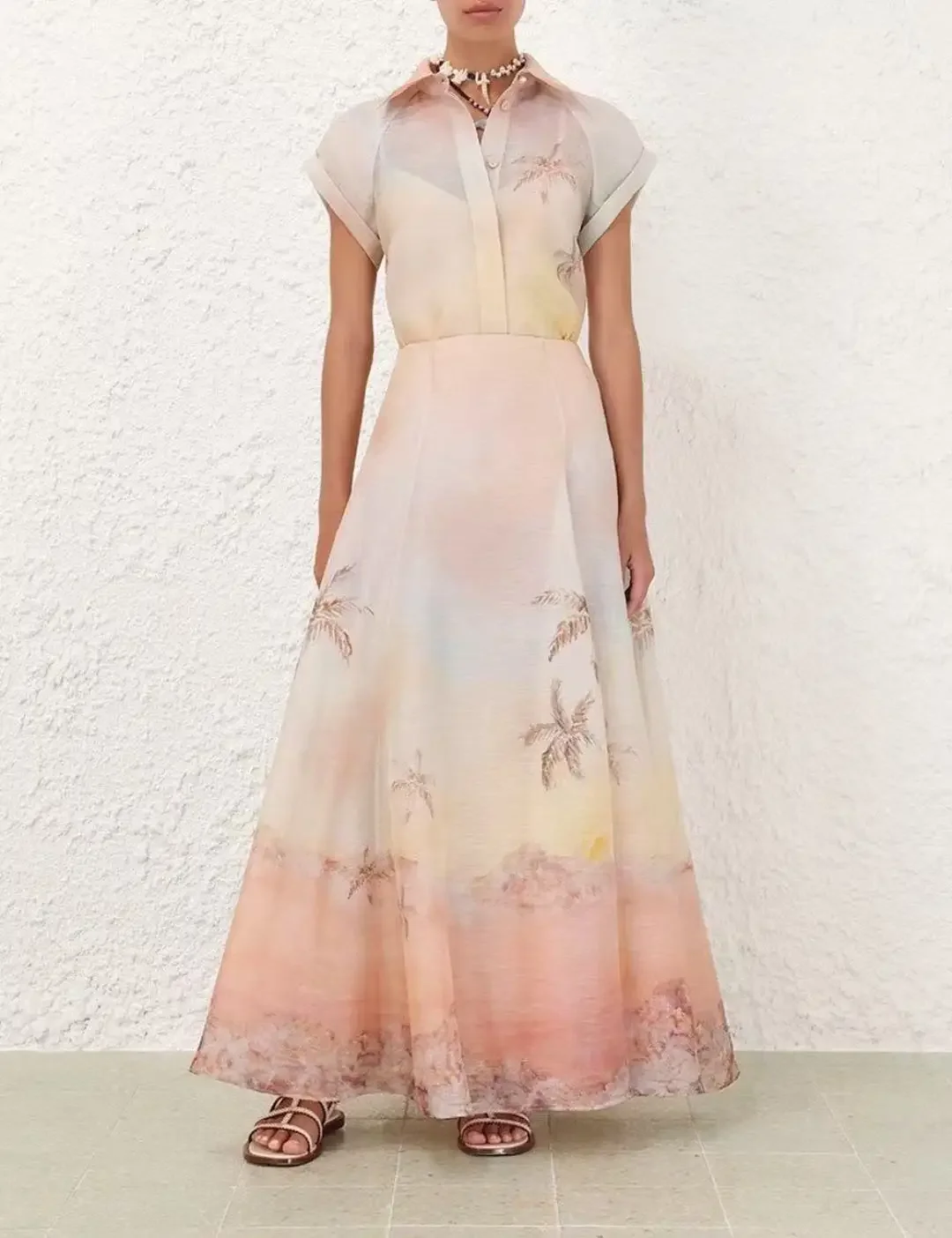 

Blouse Tops and Skirt Set for Holiday 2025 New Summer Collection Linen Silk Women's Short Sleeve Lapel Guava Sea View