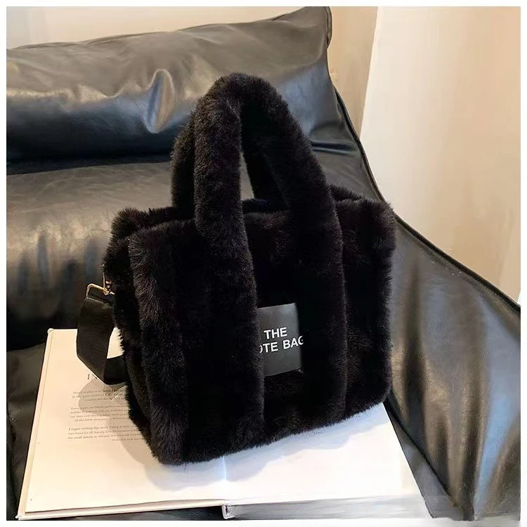 Fashionable and Simple Large-capacity Plush Black Label Tote Bag for Women Cross-body Shoulder Bag Versatile Plush Bag