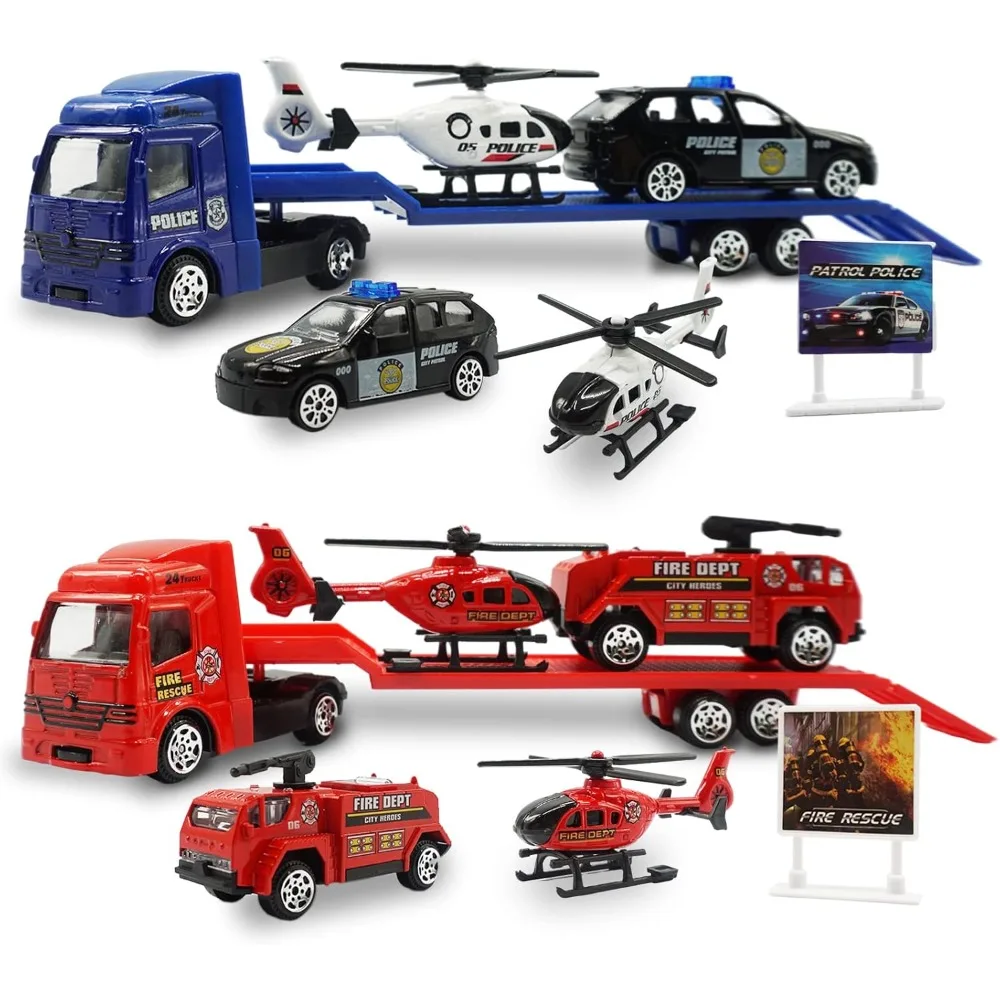 

Car Toy Tow Truck Pull Back Carrier Truck Toy Play Vehicles Set Die-cast Police Car Fire Truck Helicopter Gift for Boys Girls