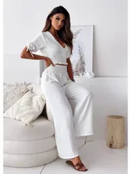 Spring Summer New Women's Clothing Solid Color Sexy V-neck Short Cut Waist Top With Tie Up Five Quarter Sleeve Pants Set