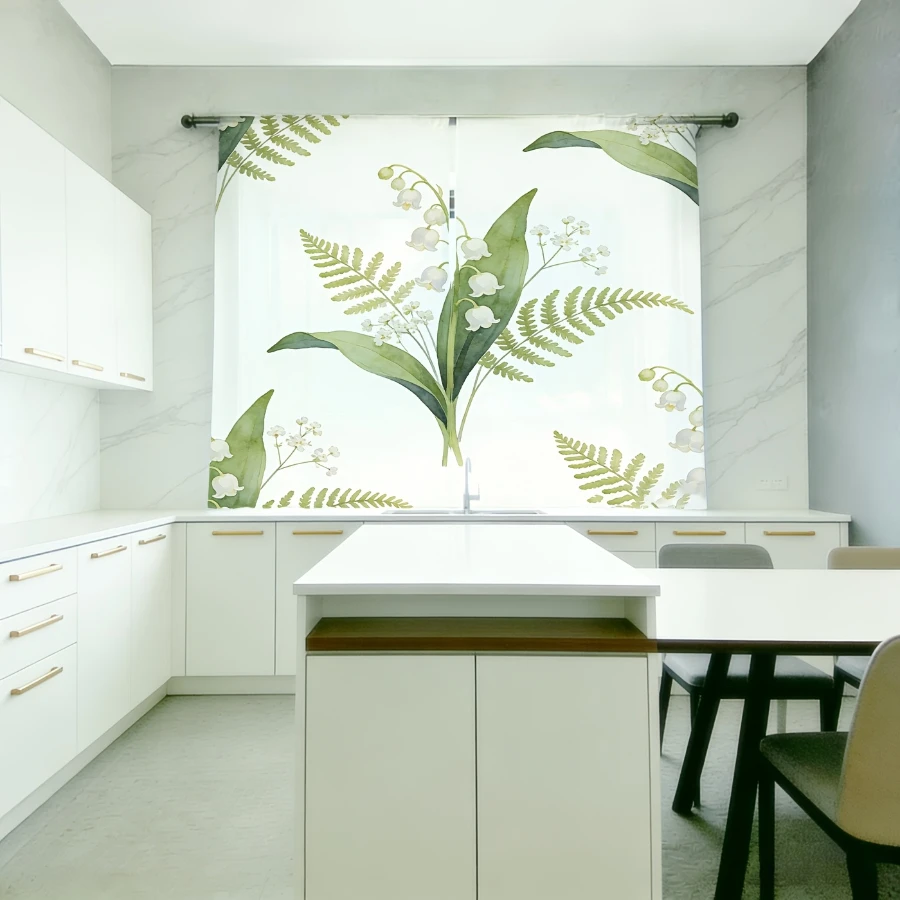 2PCS Digital Print Sheer Curtain, Lily of the Valley Fern Leaf, Boho Chic Window Curtains for Living Room Bedroom Decor