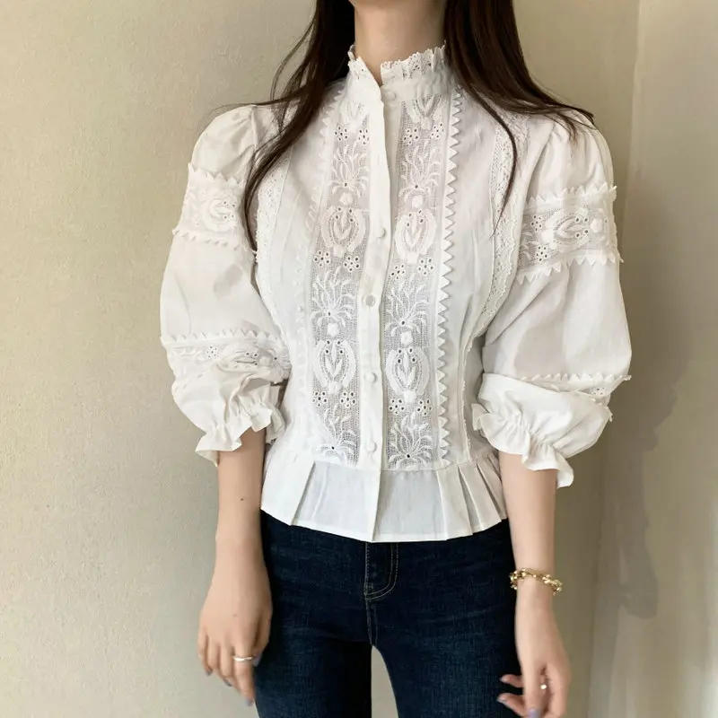 E Lely المطرزة irt Sli الخصر Cinching انتفض Sves الوقوف طوق القطن فام الربيع الصيف جديد Sle Sol... #3