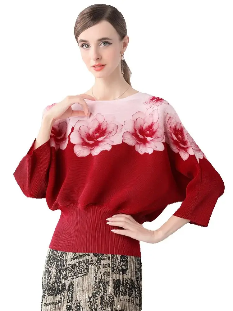 

Women Blouses And Shirts Fashion Elegant Rose Printed Pleated Top Remale Spring And Autumn Style Loose Bat Sleeve T-shirt