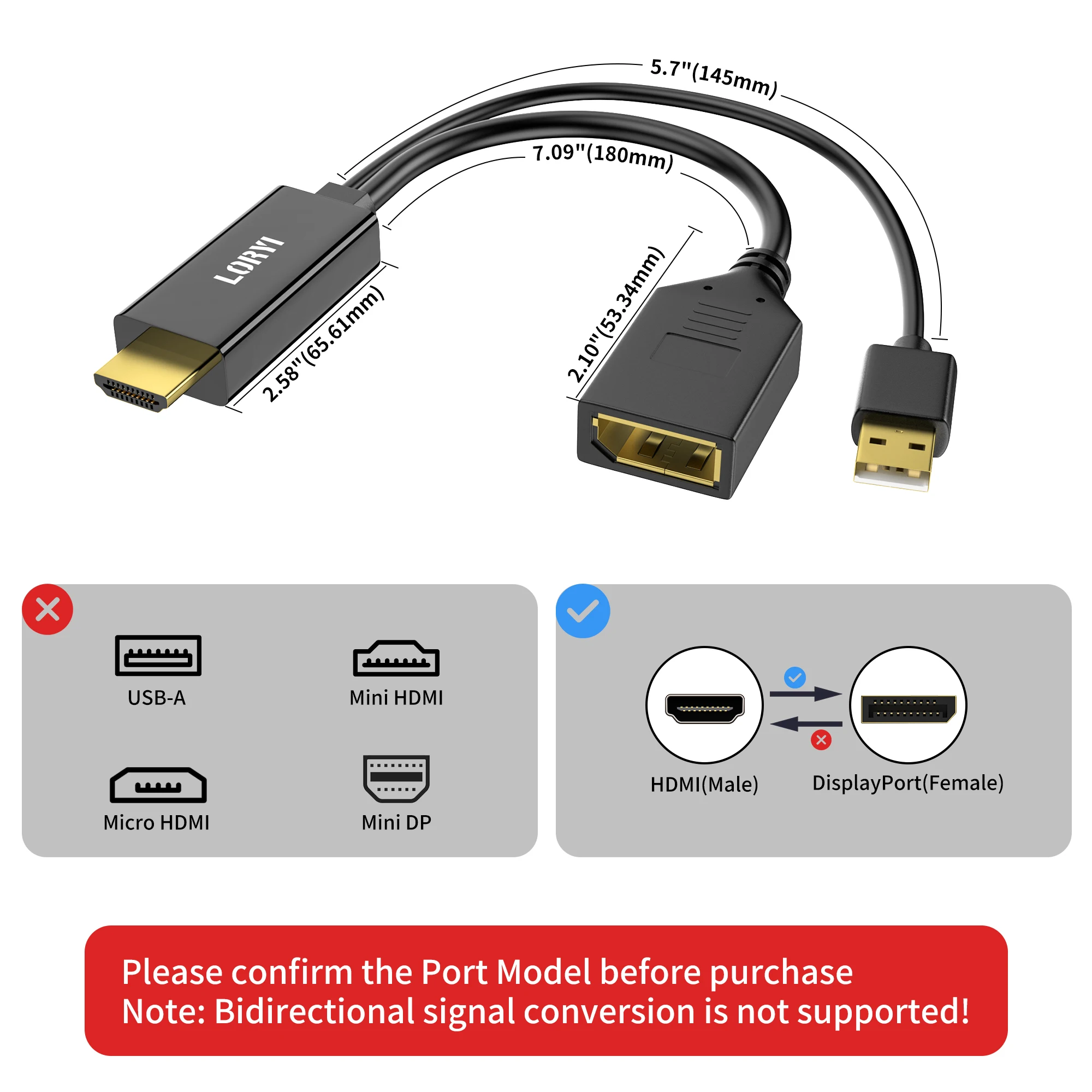 LORYI HDMI-디스플레이 포트 케이블, USB 전원 포함, HDMI-디스플레이 포트 변환기, 수-암 모니터 PS5 맥 미니용, 4K, 60Hz