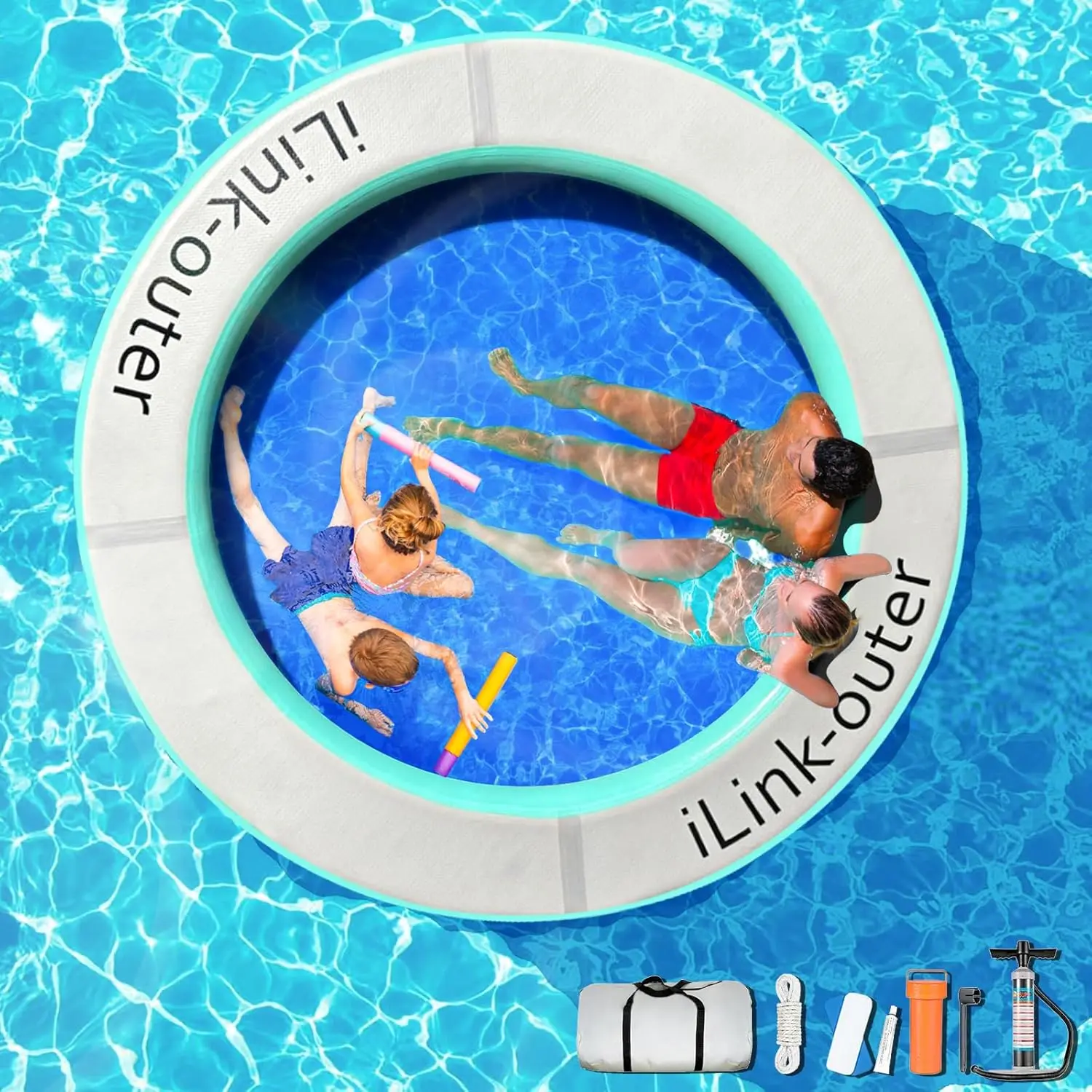 8FT Inflatable Floating Ring Hammock for Up to 6-10 Kids and Adults, Includes Air Pump, Easy to Inflate and Store, Non-Slip Fabric, Sturdy Construction, Simple to Clean