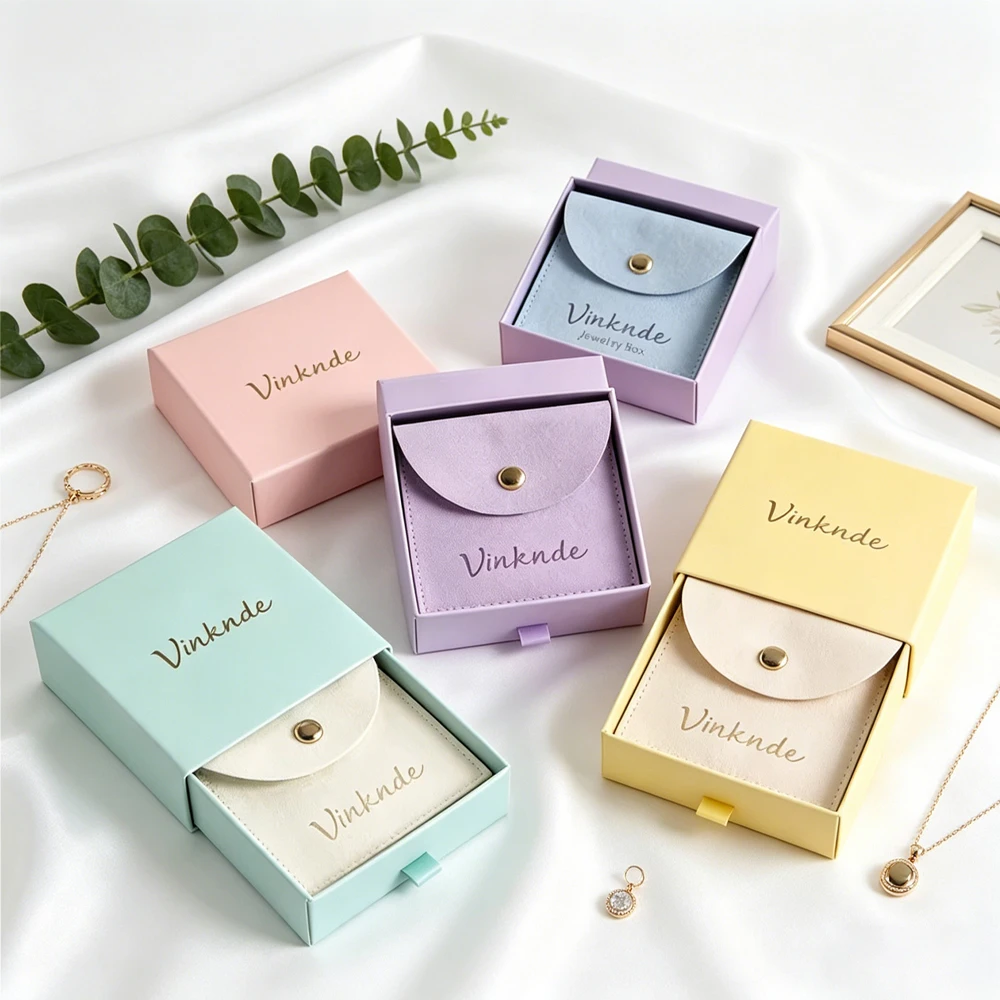 

24pcs Custom Logo 9x9x2.5cm Paper Jewelry Boxes With Microfiber Button Bag Personalized Necklace Earrings Bracelet Drawer Box