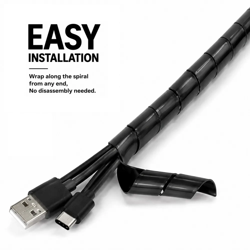 Black Cable Sleeve Winding Pipe ID 4mm-30mm Spiral Wrapping Wire Organizer Sheath Tube Plastic Tape Management Protector